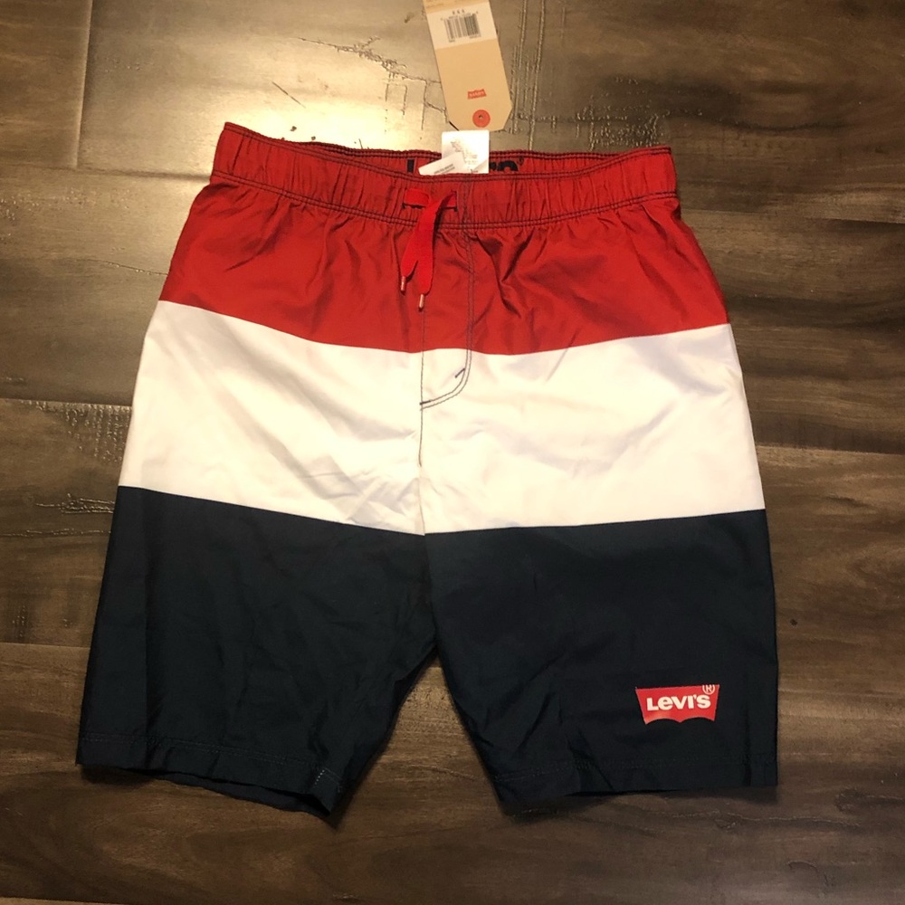 Levi’s red white and blue swim trunk foot boys.
